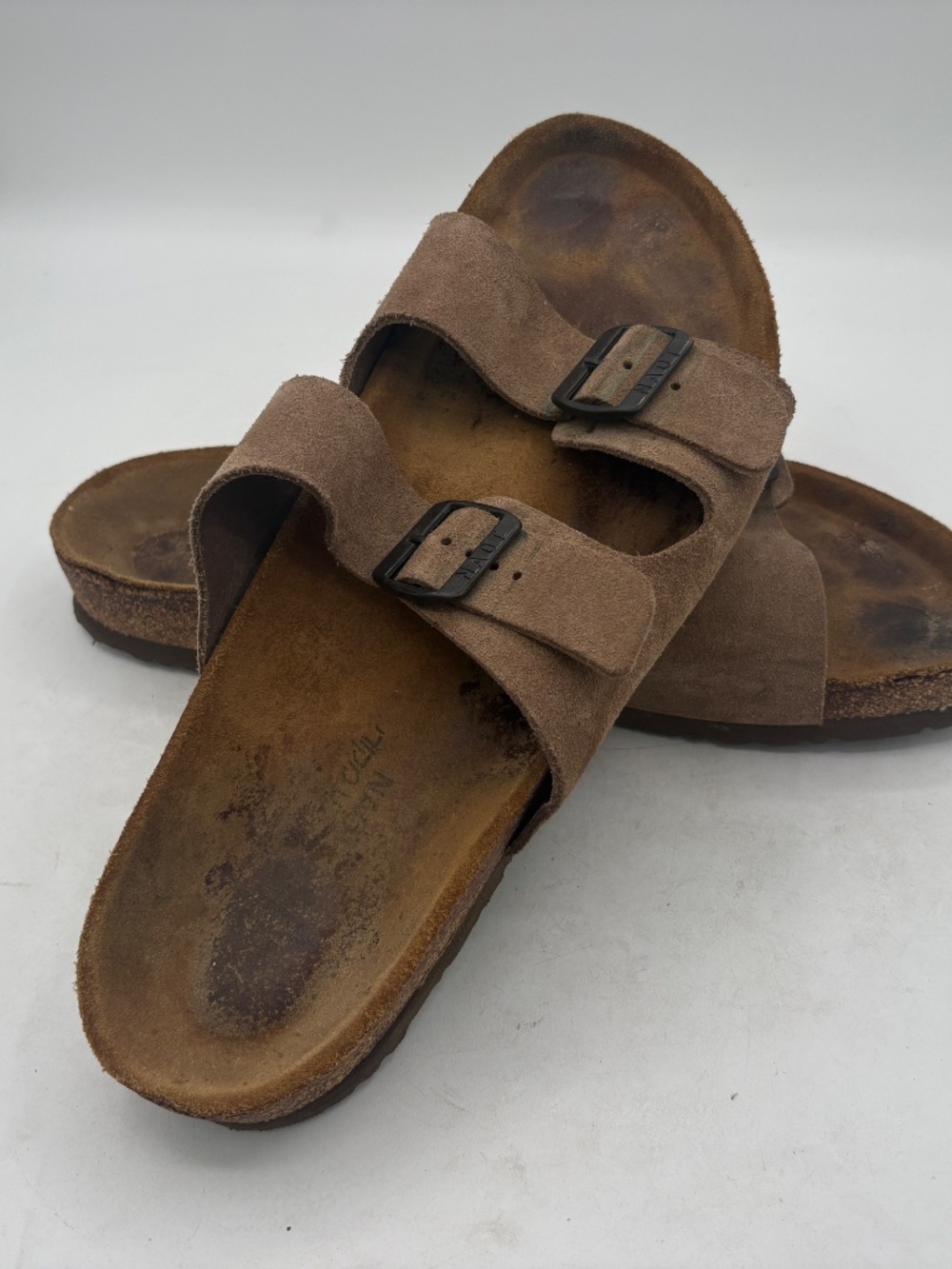 Naot Santa Barbara Suede Slide Sandals Taupe Tan Buckle Cork EU 46 US 13-13.5